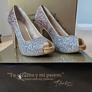 Thalia Sodi Women's Glitter Peep-Toe Heels - Silver and Gold